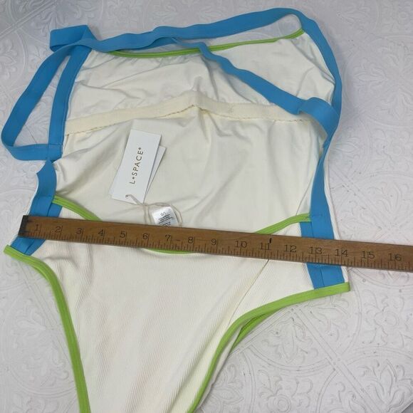 L Space Cream Blue Green Baewatch Colorblock Ribbed One Piece Swimsuit Large NWT - Picture 10 of 11
